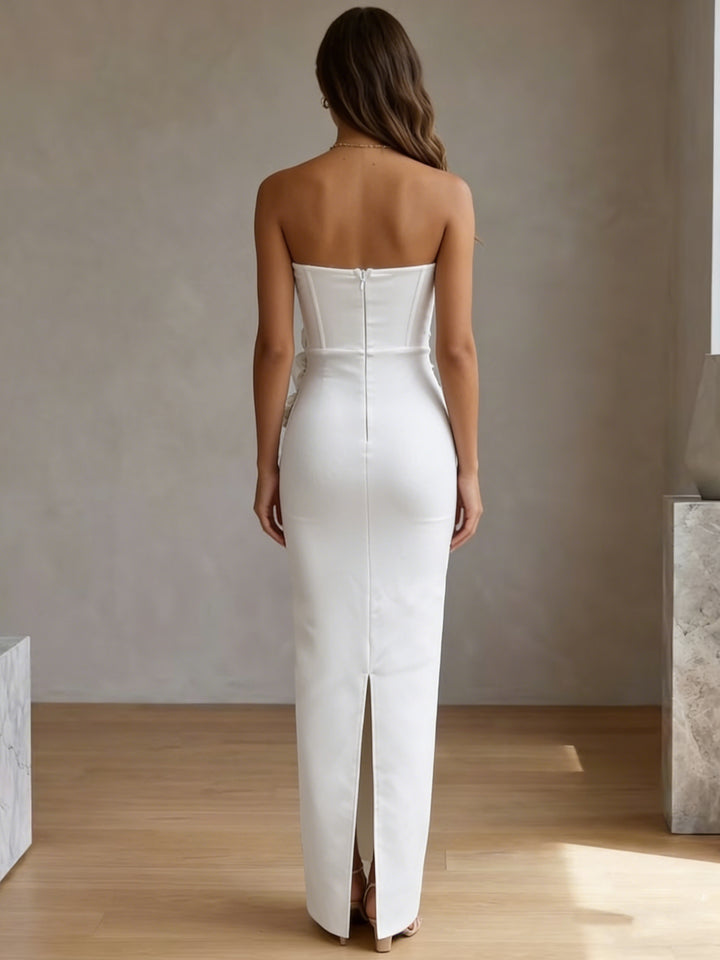 Robes de Cocktail, Gaine/Colonne, Satin Élastique, Sans Bretelles, Sans Manches, Longueur de la Cheville, 3D Fleurs