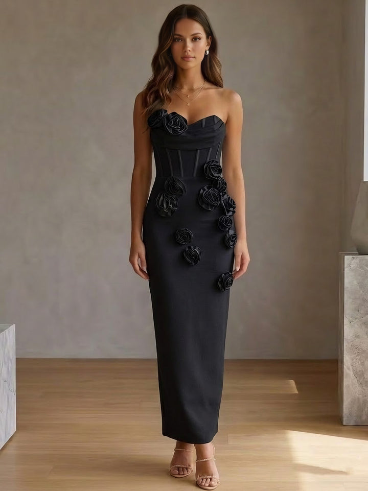Robes de Cocktail, Gaine/Colonne, Satin Élastique, Sans Bretelles, Sans Manches, Longueur de la Cheville, 3D Fleurs