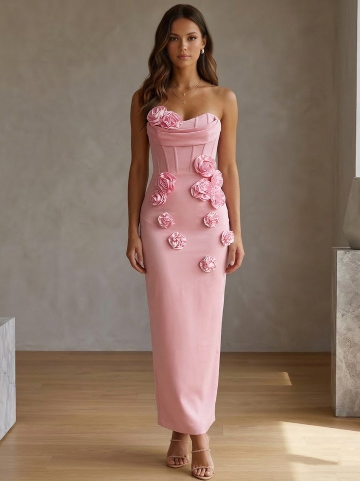 Robes de Cocktail, Gaine/Colonne, Satin Élastique, Sans Bretelles, Sans Manches, Longueur de la Cheville, 3D Fleurs