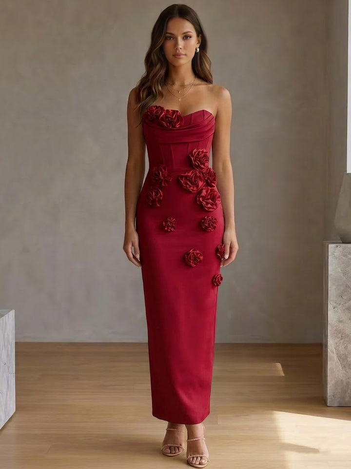 Robes de Cocktail, Gaine/Colonne, Satin Élastique, Sans Bretelles, Sans Manches, Longueur de la Cheville, 3D Fleurs