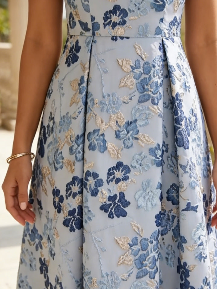 Robe Cocktail, Ligne A/Princesse, Col Rond, Sans Manches, Longueur du Thé, Jacquard, Florale