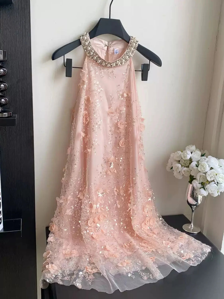 Robe d'Invitée de Mariage Ligne A/Princesse en Dentelle à Col Halter Longueur Midi Sans Manches avec Fleurs 3D