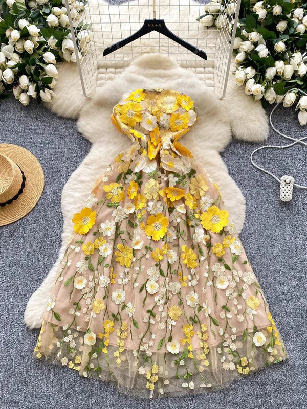 Robe Florale d'Invitée de Mariage Imprimée Ligne A/Princesse Bustier Longueur Midi Sans Manches