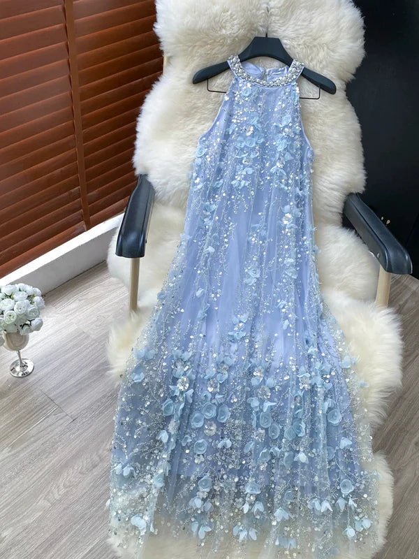 Robe d'Invitée de Mariage Ligne A/Princesse Col Halter en Tulle Longueur Cheville Sans Manches avec Fleurs 3D à Paillettes