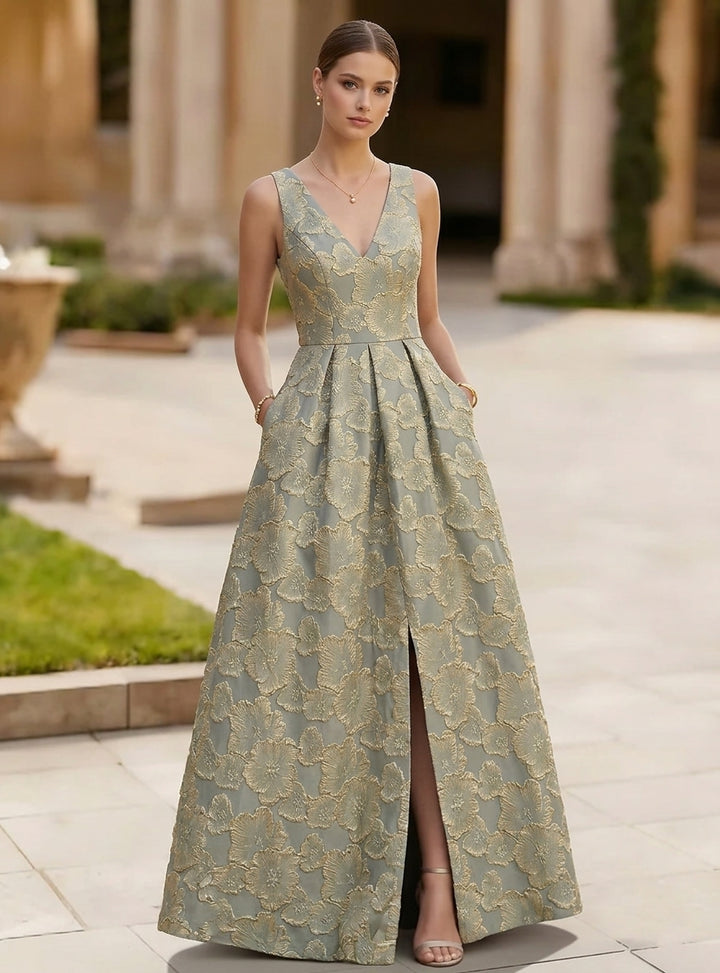 Robe de Soirée Ligne A/Princesse Col en V Jacquard Sans Manches Longueur au Sol Florale