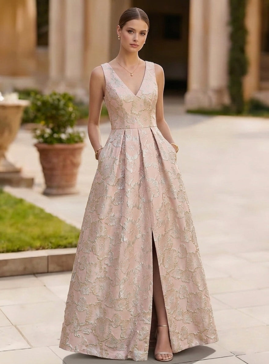 Robe de Soirée Ligne A/Princesse Col en V Jacquard Sans Manches Longueur au Sol Florale