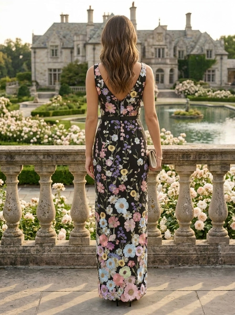 Robe de Soirée Gaine/Colonne Col en V Broderie en Dentelle Sans Manches Longueur de la Cheville Florale