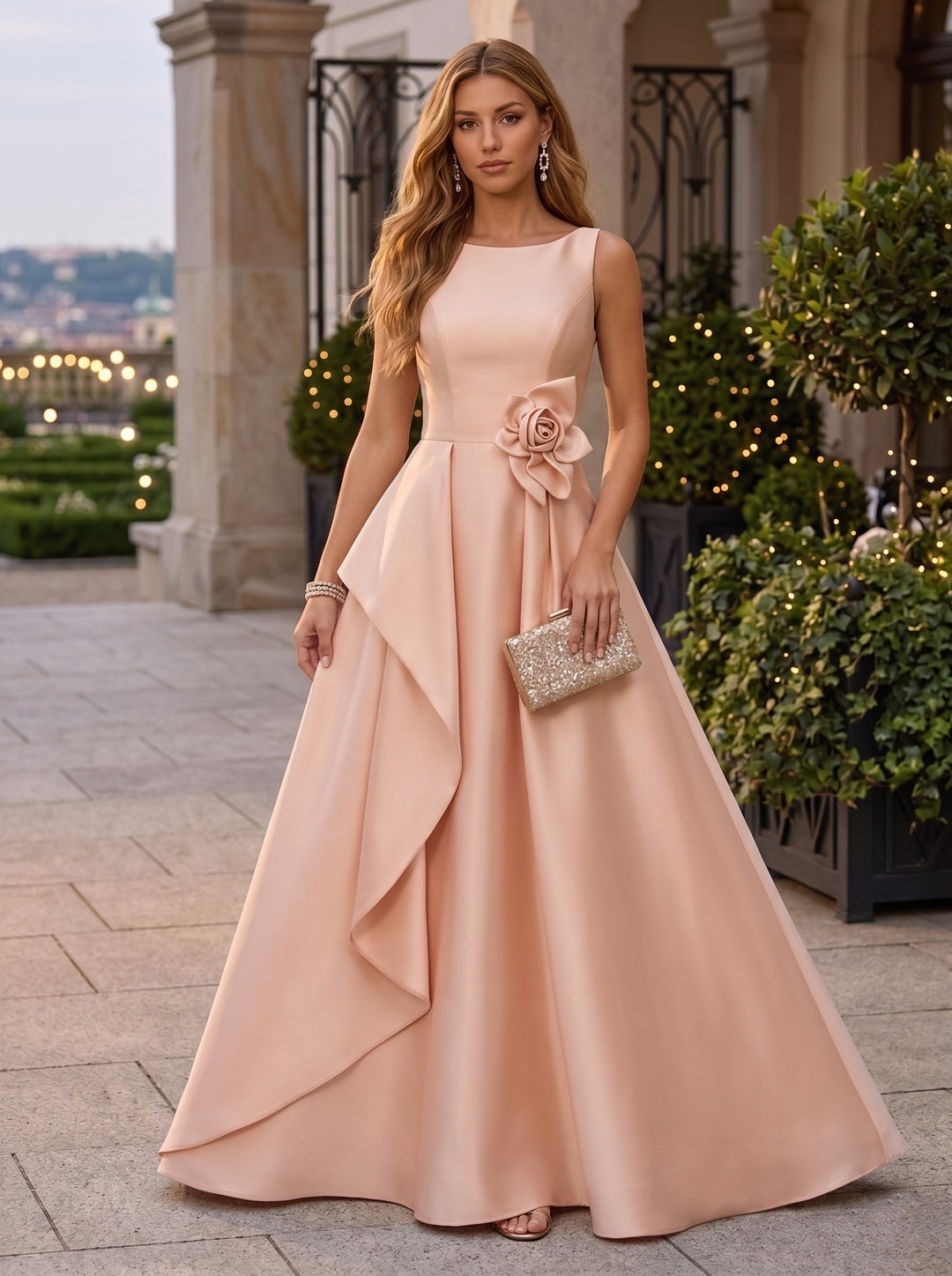 Robe de Soirée Ligne A/Princesse Col Rond Satin Sans Manches Longueur au Sol 3D Fleurs à Volants