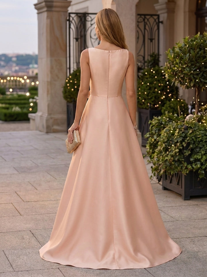 Robe de Soirée Ligne A/Princesse Col Rond Satin Sans Manches Longueur au Sol 3D Fleurs à Volants