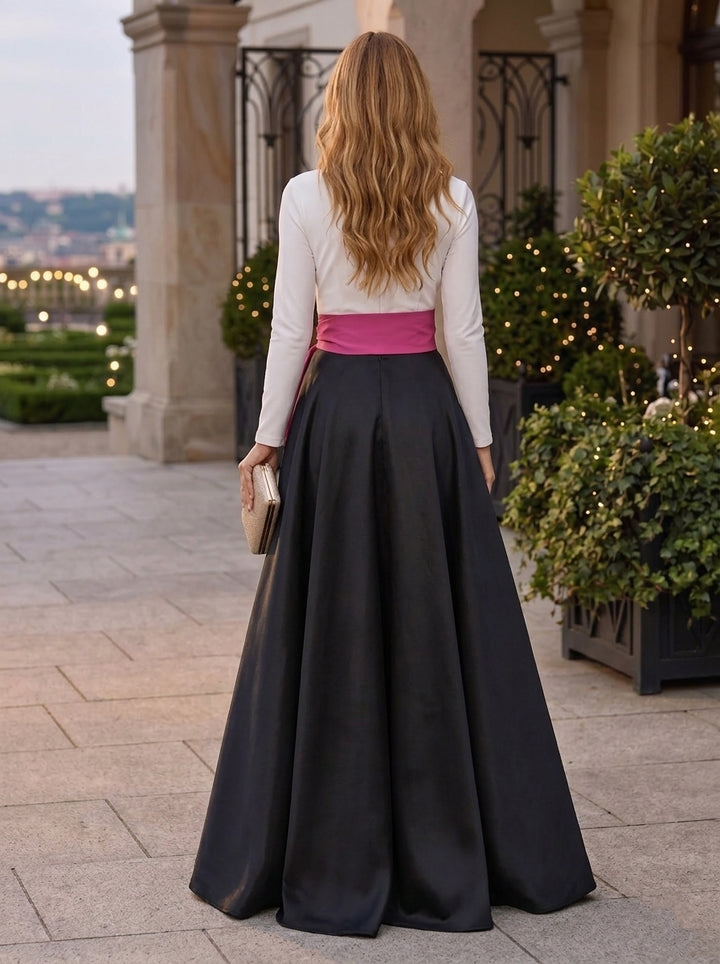 Robe de Soirée Ligne A/Princesse Col en V Satin  Manches Longues Longueur au Sol Nœud Papillon