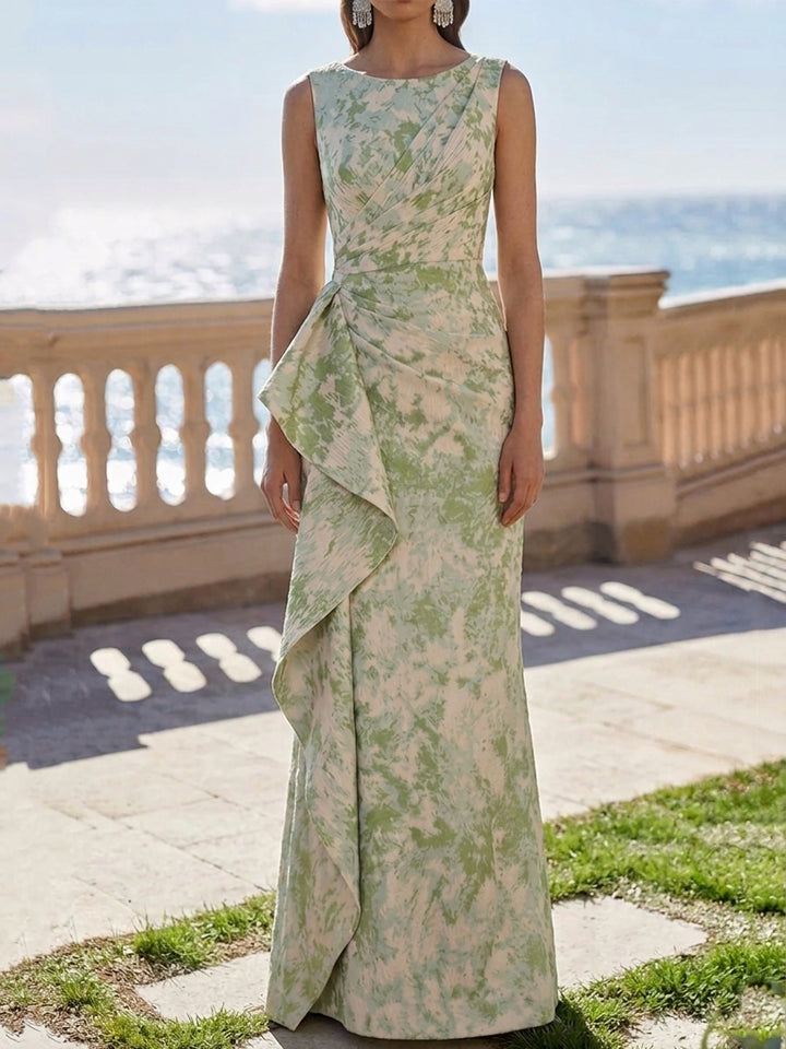 Robe de Soirée Gaine/Colonne Col Rond Jacquard Sans Manches Longueur au Sol à Volants