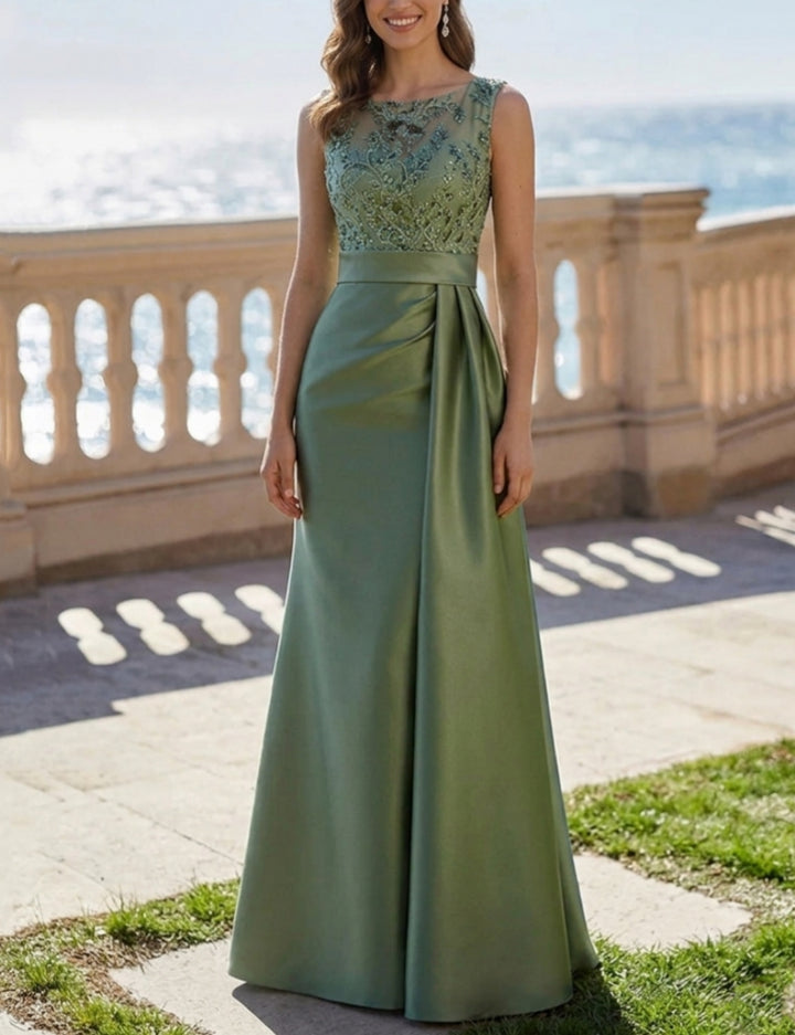 Robe de Soirée Ligne A/Princesse Col Rond Satin Sans Manches Longueur au Sol  à Paillettes en Dentelle