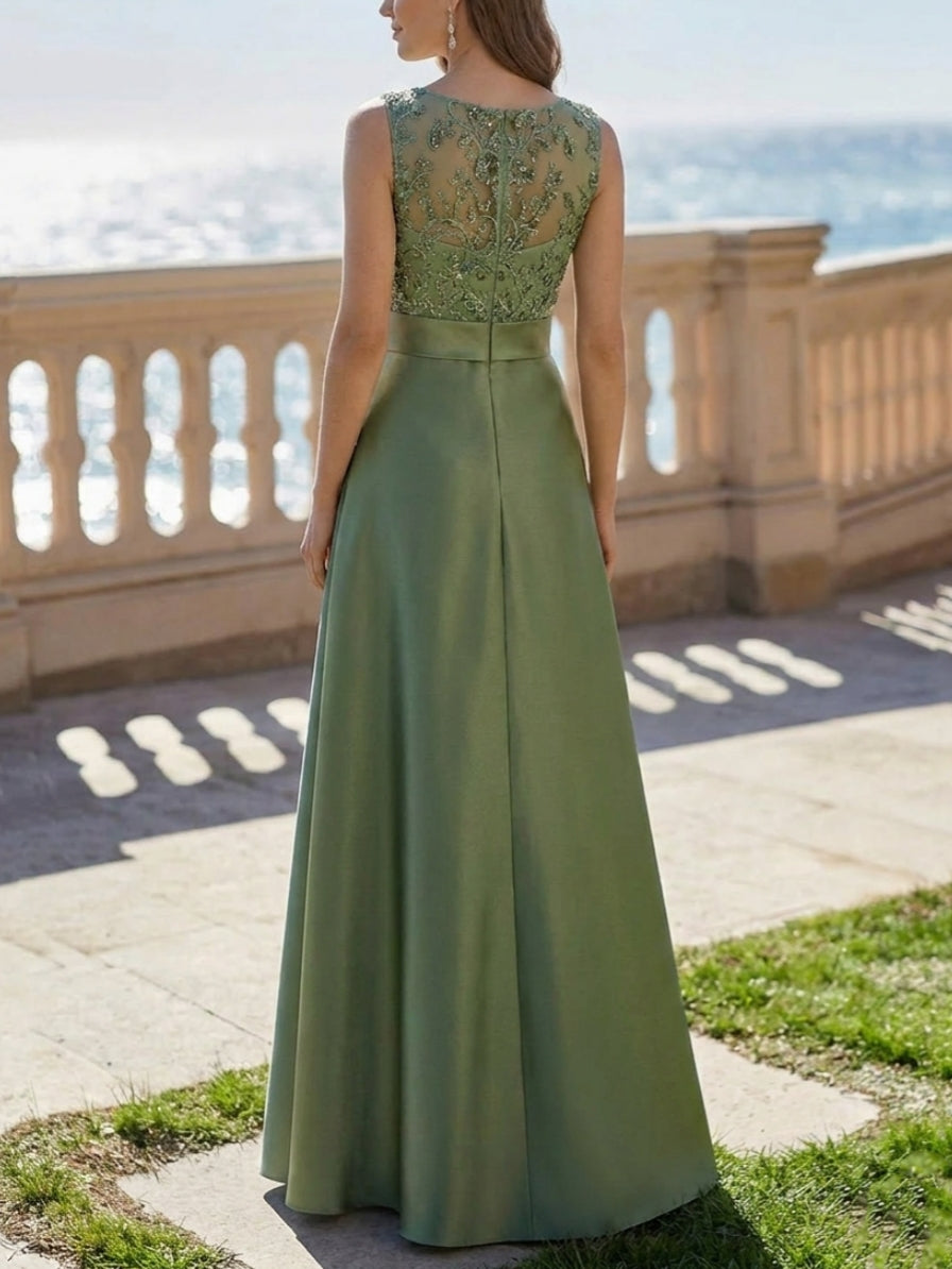 Robe de Soirée Ligne A/Princesse Col Rond Satin Sans Manches Longueur au Sol  à Paillettes en Dentelle