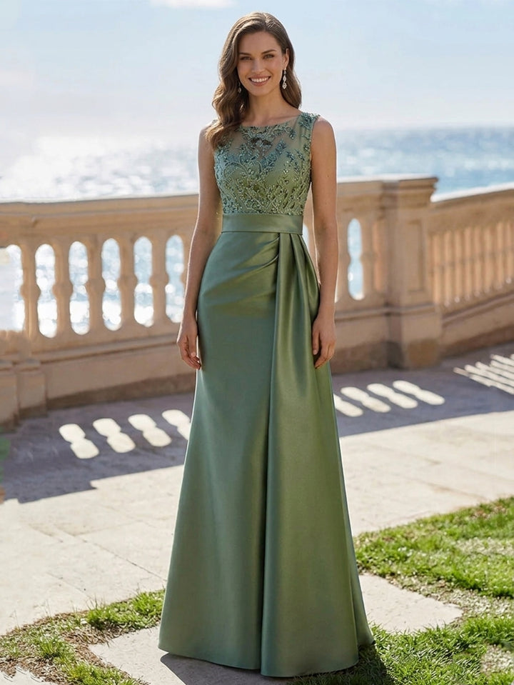 Robe de Soirée Ligne A/Princesse Col Rond Satin Sans Manches Longueur au Sol  à Paillettes en Dentelle