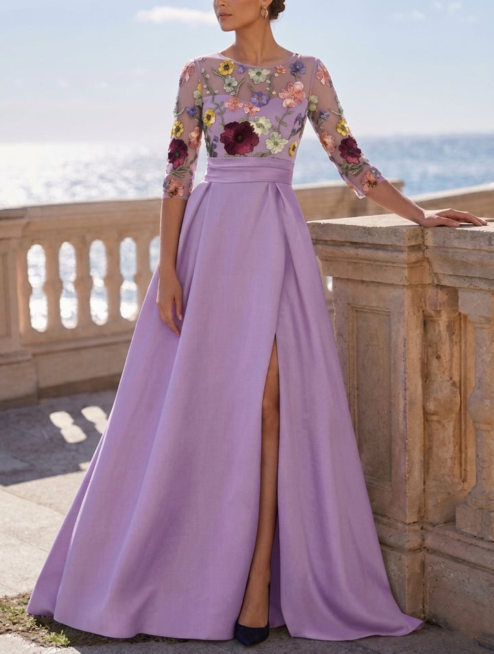 Robe de Soirée Ligne A/Princesse Col Rond Satin Manches 3/4 Longueur au Sol en Dentelle Flroale
