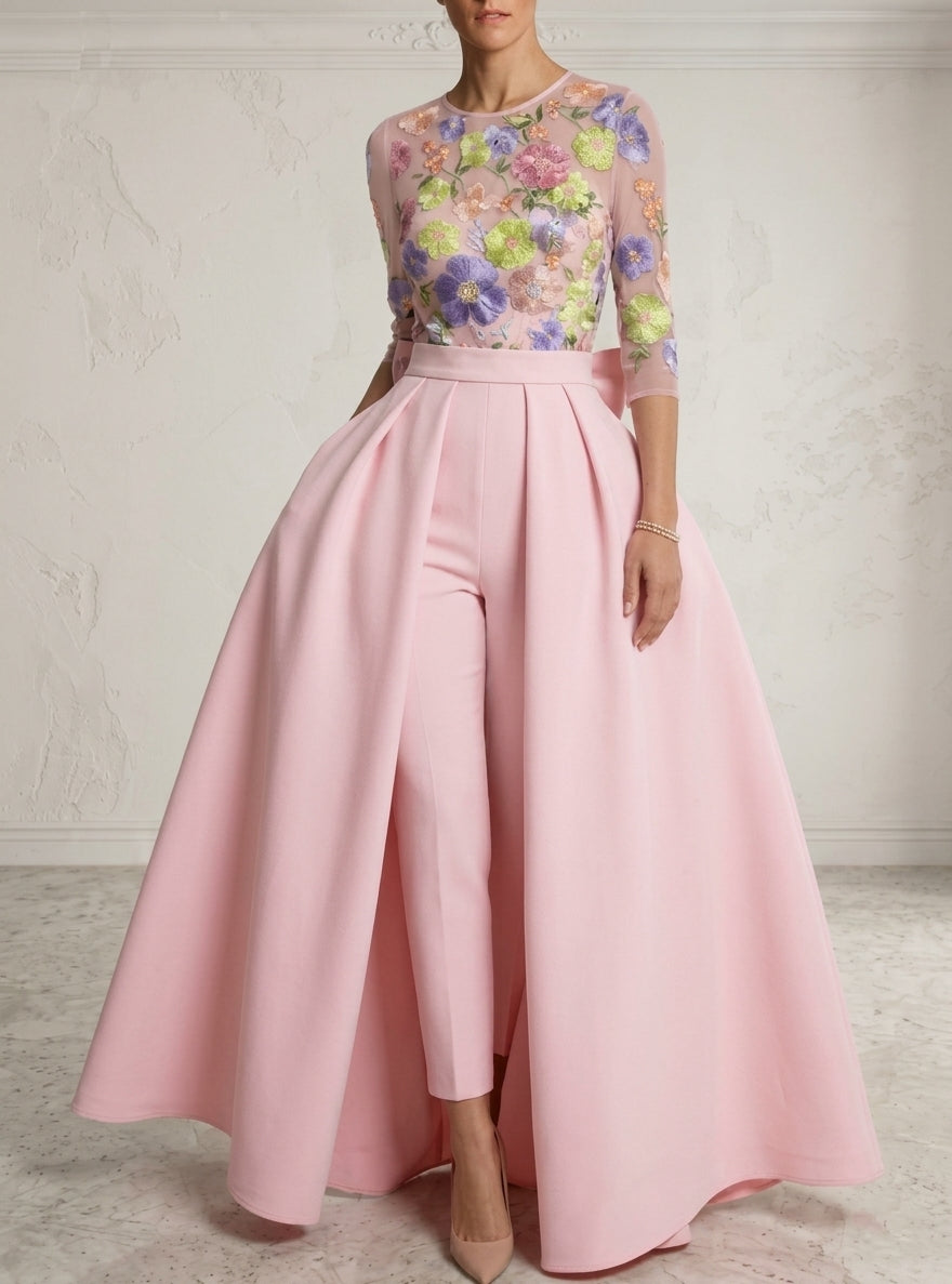 Robe de Soirée Combinaison Col Rond Élastique Manches 3/4 Longueur de la Cheville Florale avec Nœud Papillon