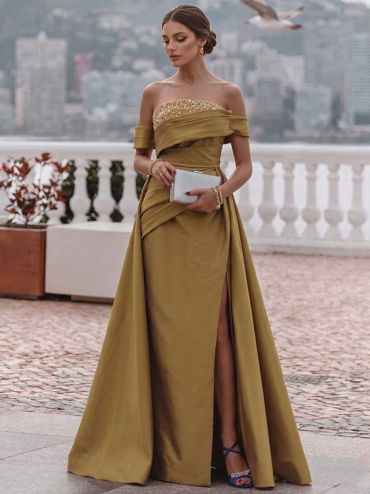 Robe de Soirée Gaine/Colonne Bustier Satin Manches Courtes Longueur au Sol Dentelle Florale