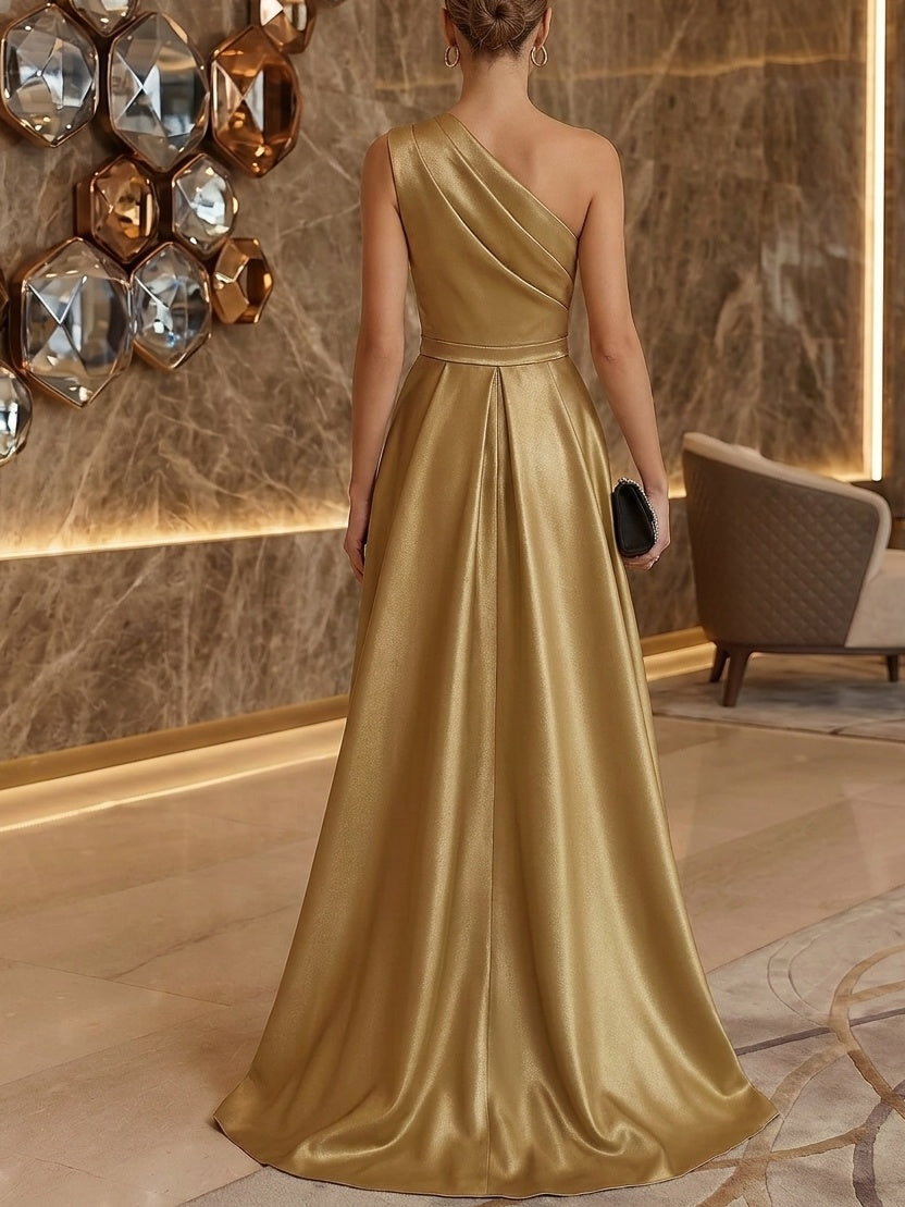 Robe de Soirée Gaine/Colonne Une Épaule Nue Satin Sans Manches Longueur au Sol Fente Latérale