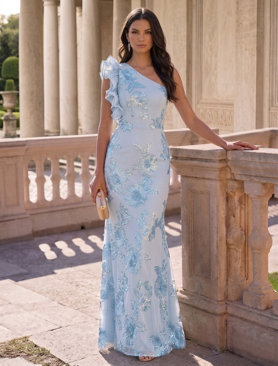 Robe soirée fourreau une épaule, dentelle broderie, sans manches, floral, longueur sol