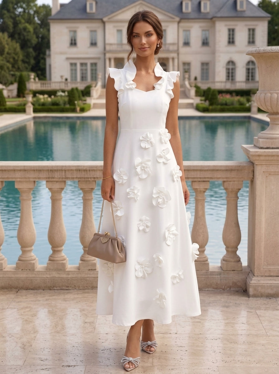Robe cocktail en Satin Élastique, Ligne A/Princesse, Col en V, Fleurs 3D, Sans Manches, Longueur du Thé, Petite Robe Blanche formelle