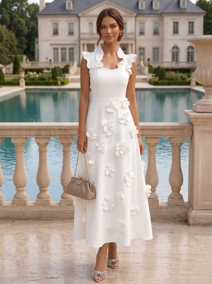Robe cocktail en Satin Élastique, Ligne A/Princesse, Col en V, Fleurs 3D, Sans Manches, Longueur du Thé, Petite Robe Blanche formelle