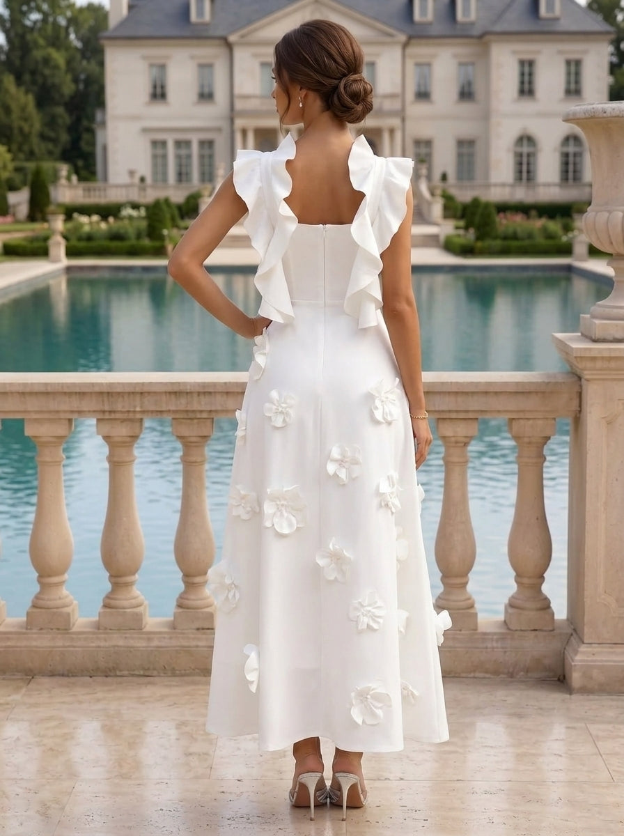 Robe cocktail en Satin Élastique, Ligne A/Princesse, Col en V, Fleurs 3D, Sans Manches, Longueur du Thé, Petite Robe Blanche formelle