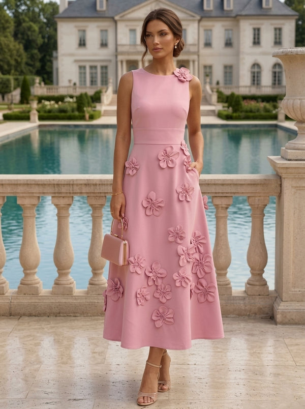 Robe Cocktail, Ligne A/Princesse, Col Rond, Sans Manches, Longueur du Thé, Satin Élastique, 3D Fleurs