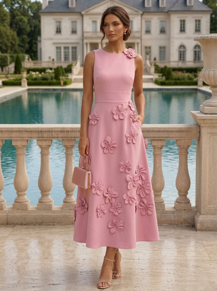 Robe Cocktail, Ligne A/Princesse, Col Rond, Sans Manches, Longueur du Thé, Satin Élastique, 3D Fleurs