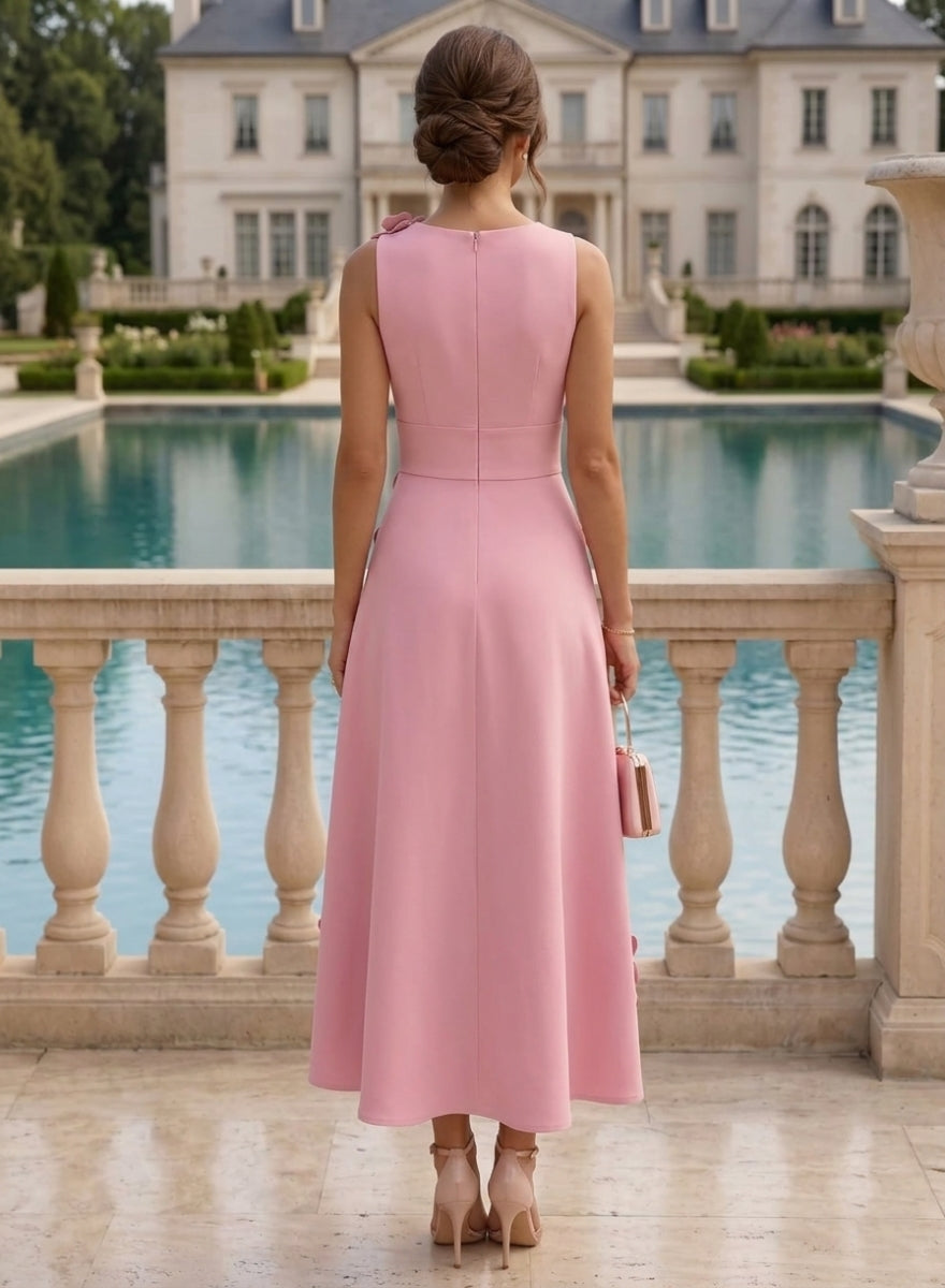 Robe Cocktail, Ligne A/Princesse, Col Rond, Sans Manches, Longueur du Thé, Satin Élastique, 3D Fleurs