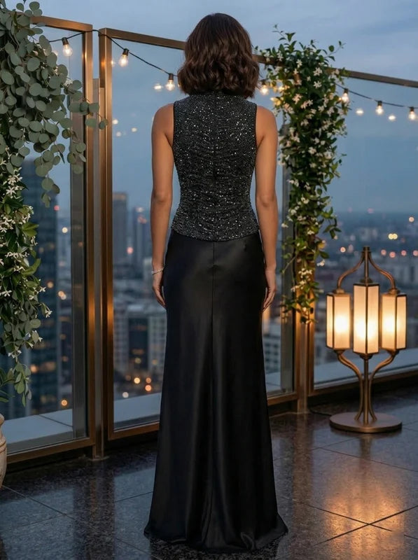 Robe de Soirée Gaine/Colonne Col Montant Sans Manches  Longueur au Sol