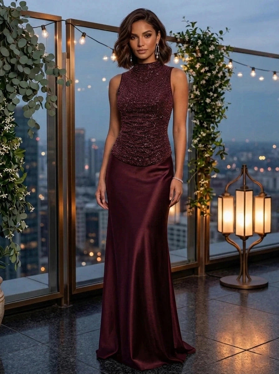 Robe de Soirée Gaine/Colonne Col Montant Sans Manches  Longueur au Sol