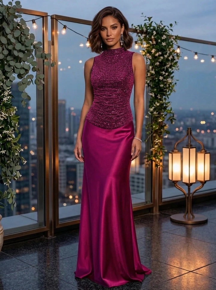 Robe de Soirée Gaine/Colonne Col Montant Sans Manches  Longueur au Sol