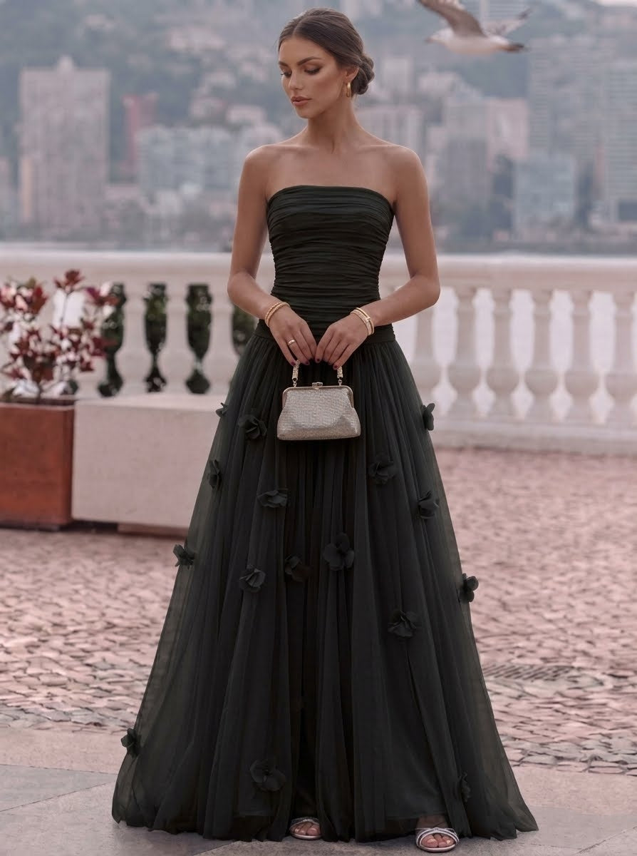 Robe de Soirée Ligne A/Princesse Bustier Tulle Sans Manches Longueur au Sol Florale