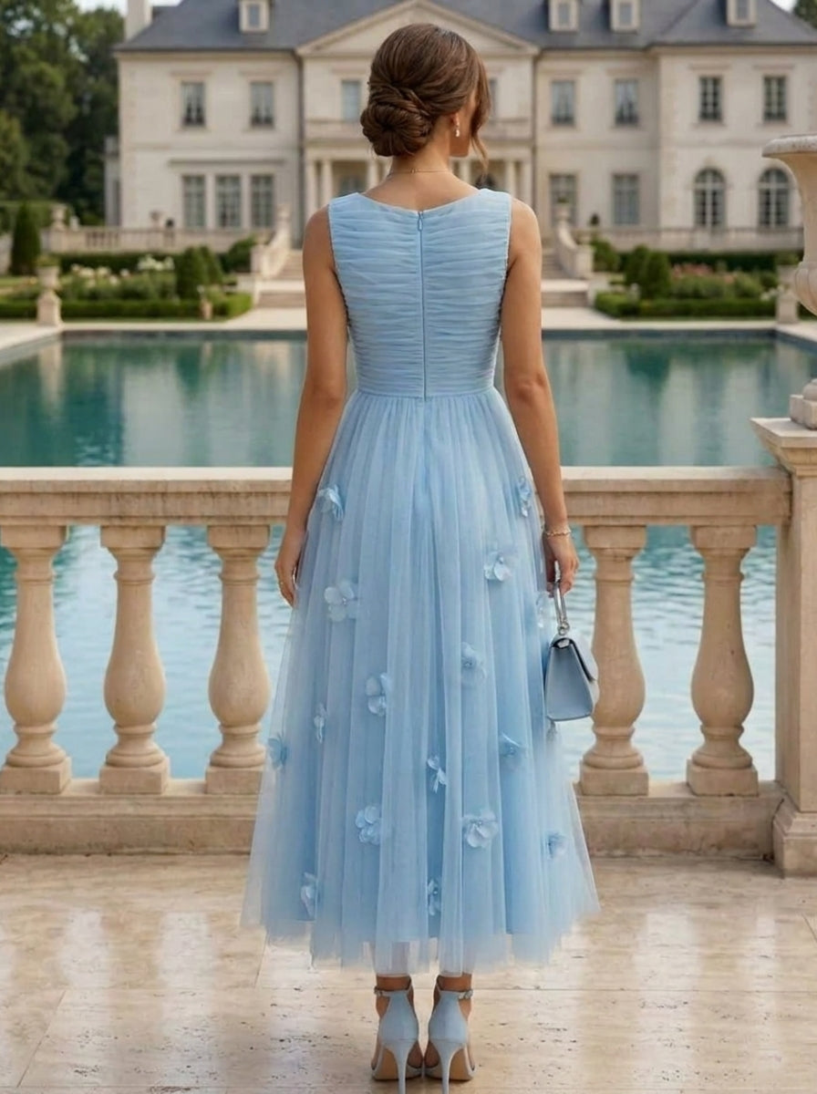 Robe Cocktail Ligne A, Col Rond, Tulle, Sans Manches, Longueur de la Cheville, Avec 3D Fleurs
