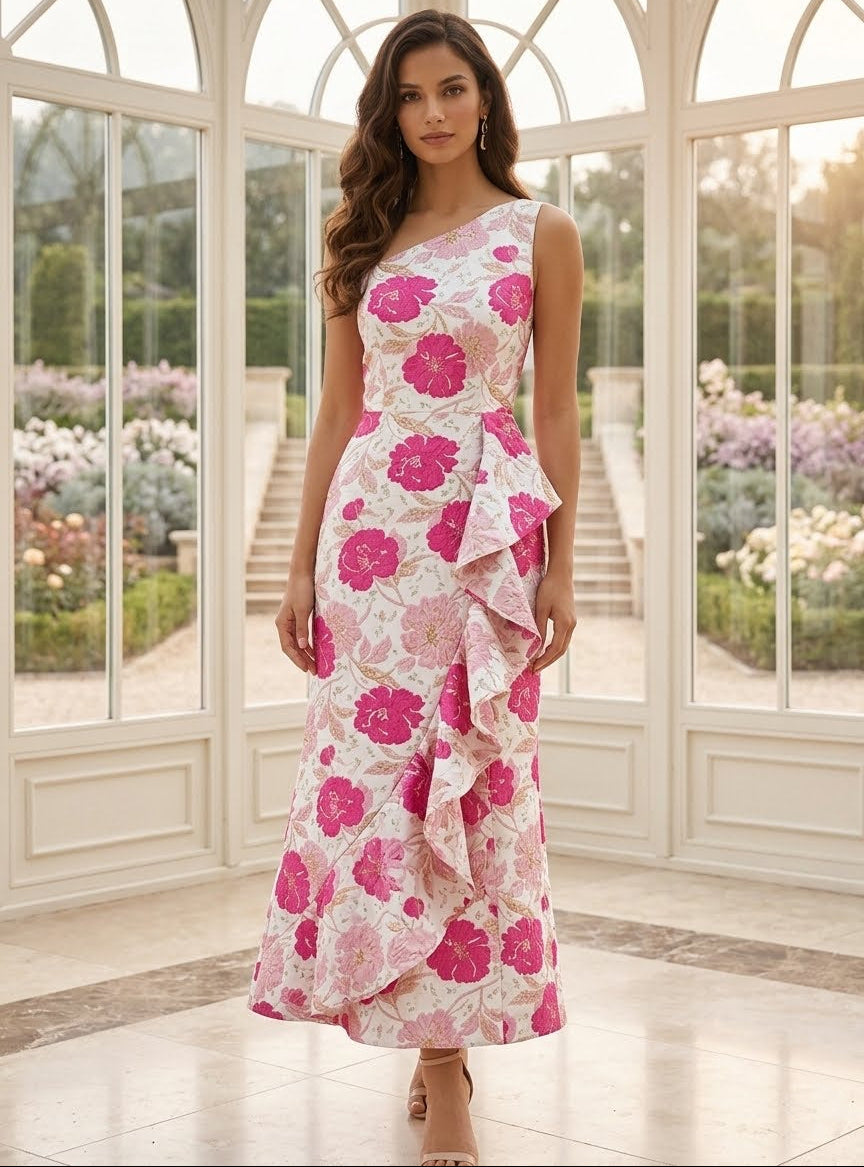 Gaine/Colonne Une Épaule Nue Jacquard Robe Cocktail Florale Longueur de la Cheville Sans Manches Volants Formelle