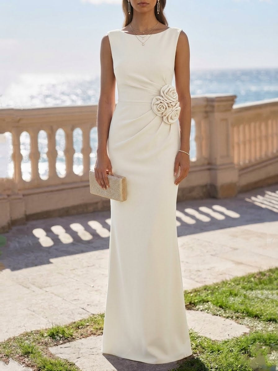 Robe de Soirée Gaine/Colonne Satin Élastique Col Rond Sans Manches Longueur au Sol Fleurs 3D