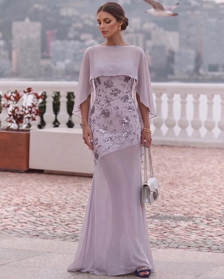 Robe de Soirée 2 Pièces Gaine/Colonne Col Rond Sans Manches Longueur au Sol Florale Mousseline à Paillettes