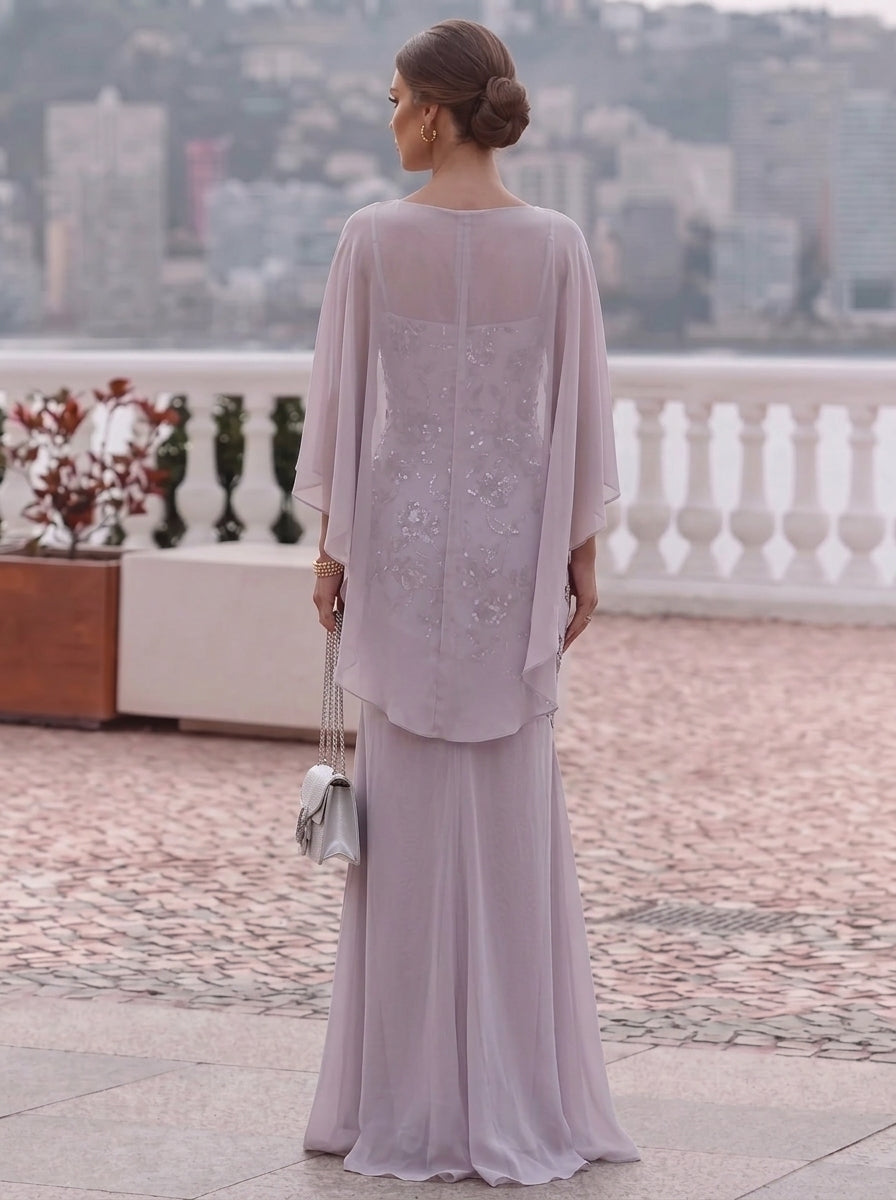 Robe de Soirée 2 Pièces Gaine/Colonne Col Rond Sans Manches Longueur au Sol Florale Mousseline à Paillettes
