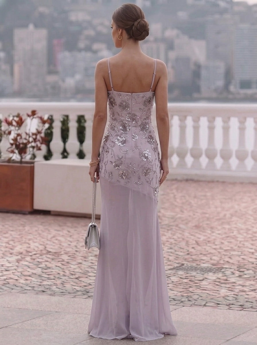 Robe de Soirée 2 Pièces Gaine/Colonne Col Rond Sans Manches Longueur au Sol Florale Mousseline à Paillettes