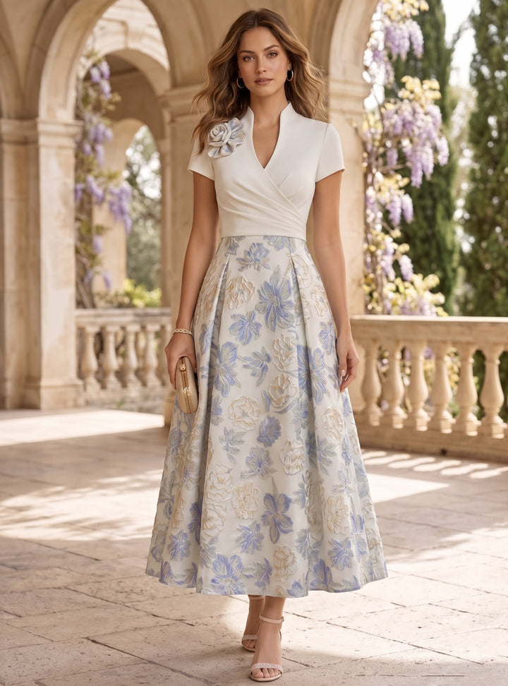 Ligne A/Princesse Col en V Satin élastique Robe Cocktail avec Fleur 3D Longueur de la Cheville Florale Manches Courtes Formelle