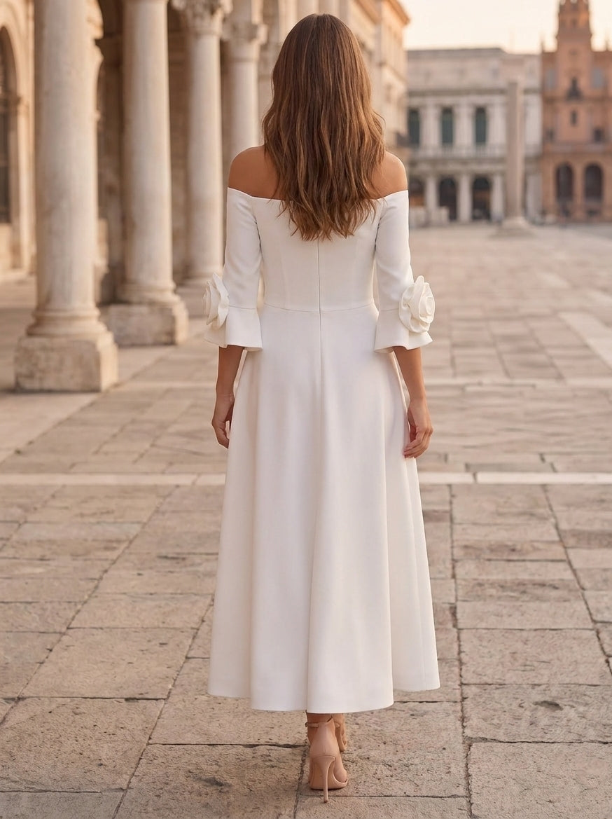 Ligne A/Princesse Hors de l'épaule Satin élastique Robe cocktail avec Fleur 3D Longueur de la Cheville Florale 3/4 Manches Formelle