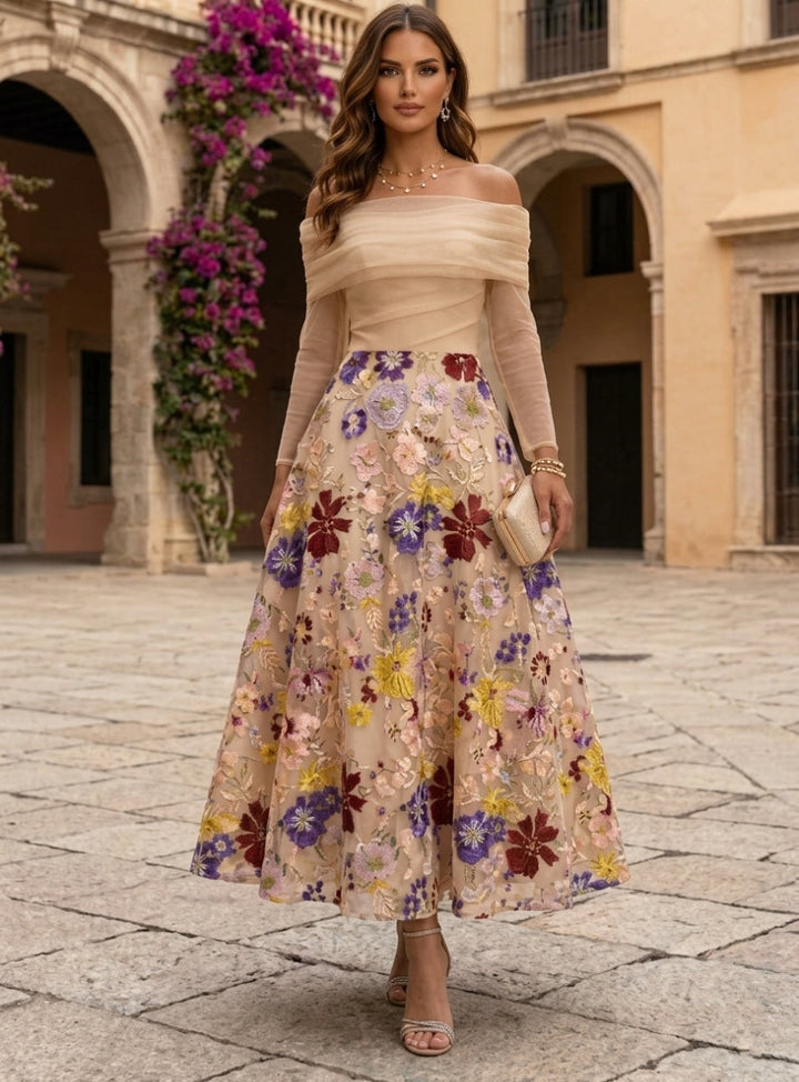 Ligne A/Princesse Hors de l'épaule Dentelle Broderie Robe cocktail Longueur de la Cheville Manches Longues Florale Formelle