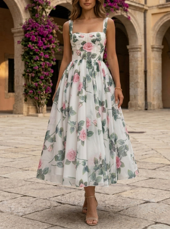 Ligne A/Princesse Col Carré Mousseline Robe cocktail Longueur du Thé Sans Manches Florale Formelle