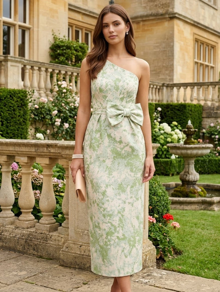 Gaine/Colonne Une Épaule Nue Jacquard Robe cocktail avec Nœud Papillon Longueur du Thé Florale Sans Manches Formelle
