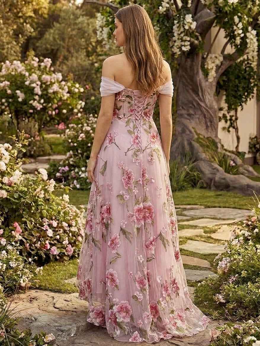 Ligne A/Princesse Hors de l'épaule Broderie Robe cocktail Asymétrique Longueur au Sol Florale Sans Manches Formelle