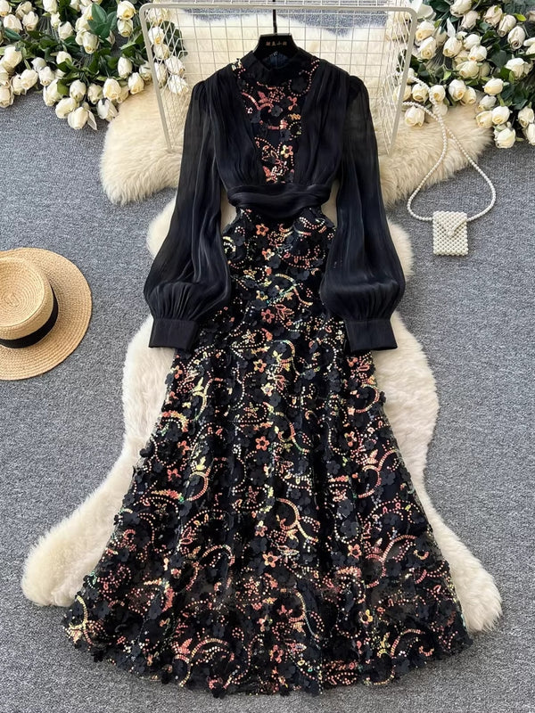 Robe d'Invitée de Mariage Ligne A/Princesse Col Montant en Dentelle Longueur Midi avec Manches Bouffantes Longues