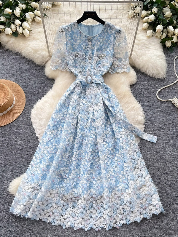 Robe Florale d'Invitée de Mariage en Dentelle Ligne A/Princesse à Col Rond Longueur Midi Manches Courtes avec Ceinture
