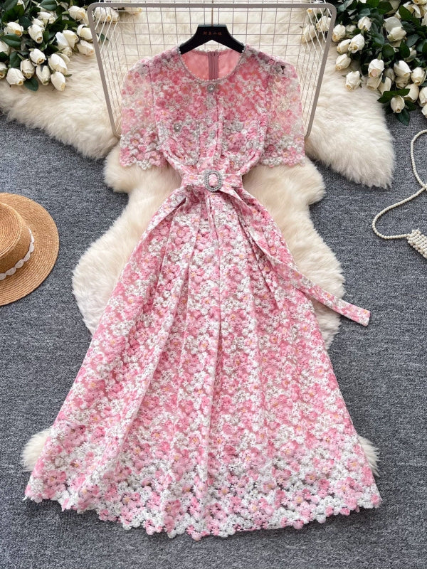 Robe Florale d'Invitée de Mariage en Dentelle Ligne A/Princesse à Col Rond Longueur Midi Manches Courtes avec Ceinture