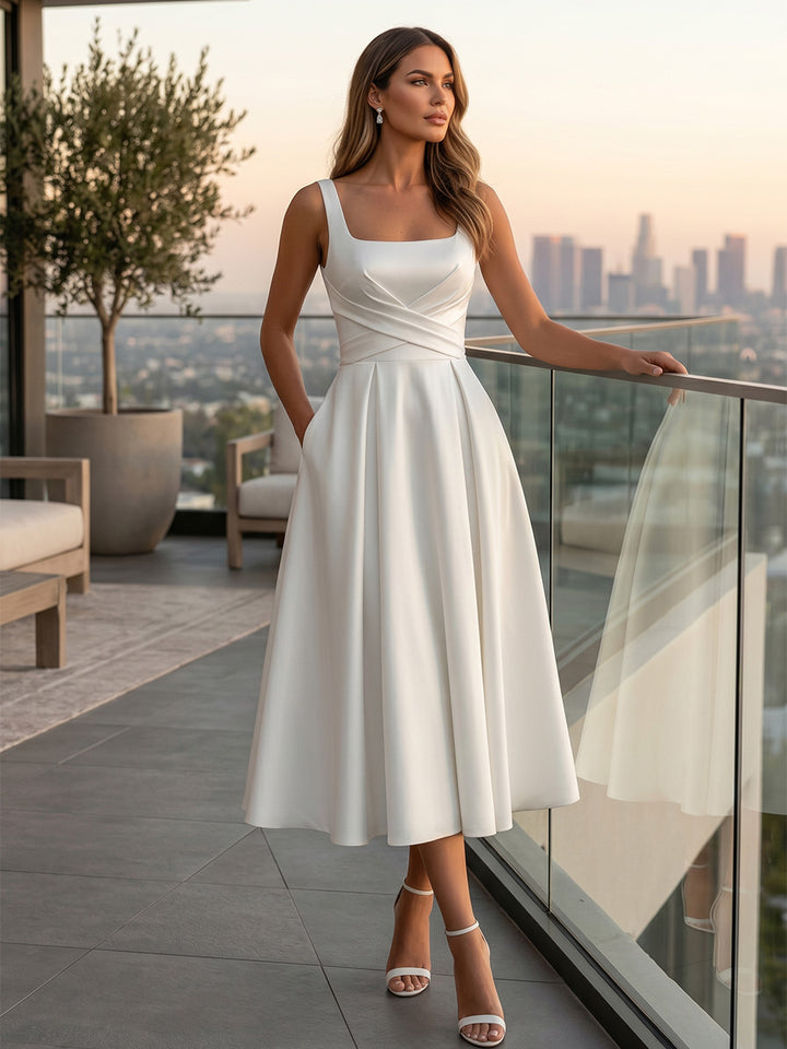 Ligne A/Princesse Col Carré Satin Robe cocktail Froncée Longueur du Thé Sans Manches Formelle