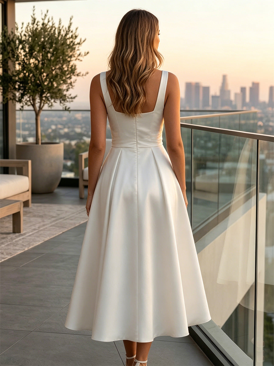 Ligne A/Princesse Col Carré Satin Robe cocktail Froncée Longueur du Thé Sans Manches Formelle